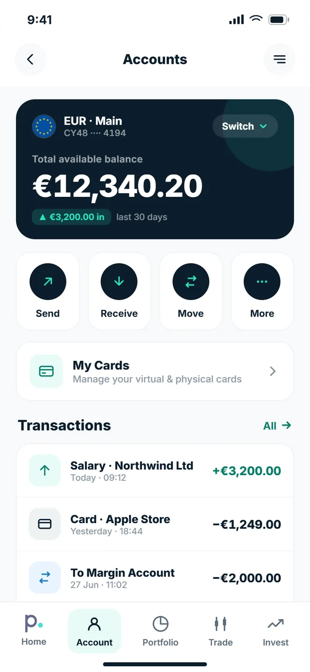 The Pure Wallet app accounts screen, showing a euro account balance and the send, receive and move actions