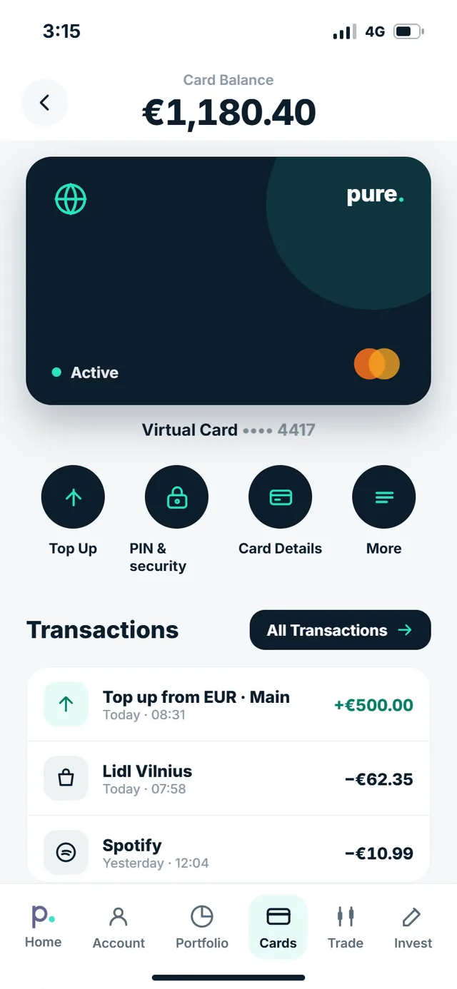 Der Kartenbildschirm der Pure Wallet App mit dem Kartensaldo, dem Aufladen sowie PIN und Sicherheit